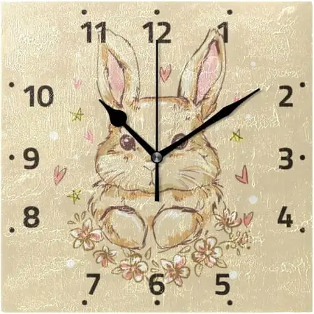 BESTKITTY Cute Bunny Rabbit Wall Clock Square Silent Non-Ticking [Battery Operated] Easy to Read Clocks for Home Kitchen Office Classroom Living Room Bedroom