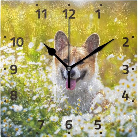 BESTKITTY Cute Corgi Dog Puppy Wall Clock Square Silent Non-Ticking [Battery Operated] Easy to Read Clocks for Home Kitchen Office Classroom Living Room Bedroom