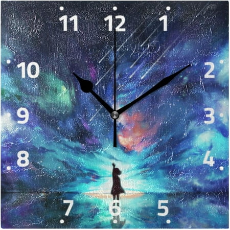 BESTKITTY Girl with Space Meteor and Orbit Wall Clock Square Silent Non-Ticking [Battery Operated] Easy to Read Clocks for Home Kitchen Office Classroom Living Room Bedroom