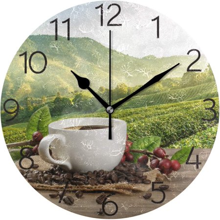 BESTKITTY Hot Coffee Cup with Fresh Red Beans Wall Clock 9.8 Inch Silent Round Wall Clock Battery Operated Non Ticking Creative Decorative Clock for Kids Living Room