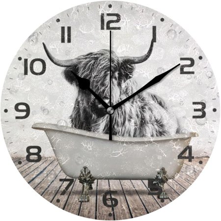 BESTKITTY Large Wall Clocks, Vintage Cow Yak Alpine Bathtub Battery Operated Non Ticking 10 inch Clock Silent Art Bedroom Kitchen Clock Atomic Analog Clocks Home Decor