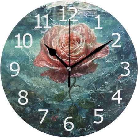 BESTKITTY Non-Ticking Round Clock, Rose Flowers Water Decorative Battery Operated Wall Clock for Desktop Break Room Apartment Shop