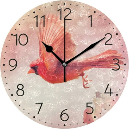 BESTKITTY Northern Cardinal Bird Flying Wall Clock 9.8 Inch Silent Round Wall Clock Battery Operated Non Ticking Creative Decorative Clock for Kids Living Room Bedroom Office Kitchen Home Decor