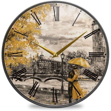 BESTKITTY Oil Painting London Street Wall Clock Silent Non-Ticking Battery Operated Acrylic Painted Vintage Roman Numerals Clocks 11.9 Inch for Home Kitchen Livingroom Office Classroom