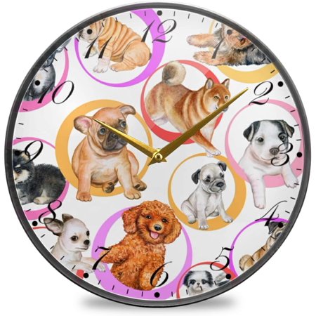 BESTKITTY Various Cute Puppy Dogs Animals Wall Clock Silent Non-Ticking Battery Operated Acrylic Painted Arabic Numerals Clocks 9.5 Inch for Home Kitchen Livingroom Office Classroom