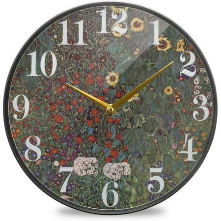 BESTKITTY Wall Clock Gustav Klimt Farm Garden with Sunflowers 9.5 Inch Silent Non-Ticking Clocks Battery Operated Decorative Clocks for Home,Office, Gym