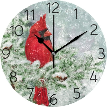 BESTKITTY Winter Christmas Red Cardinal Bird Wall Clock 9.8 Inch Silent Round Wall Clock Battery Operated Non Ticking Creative Decorative Clock for Kids Living Room