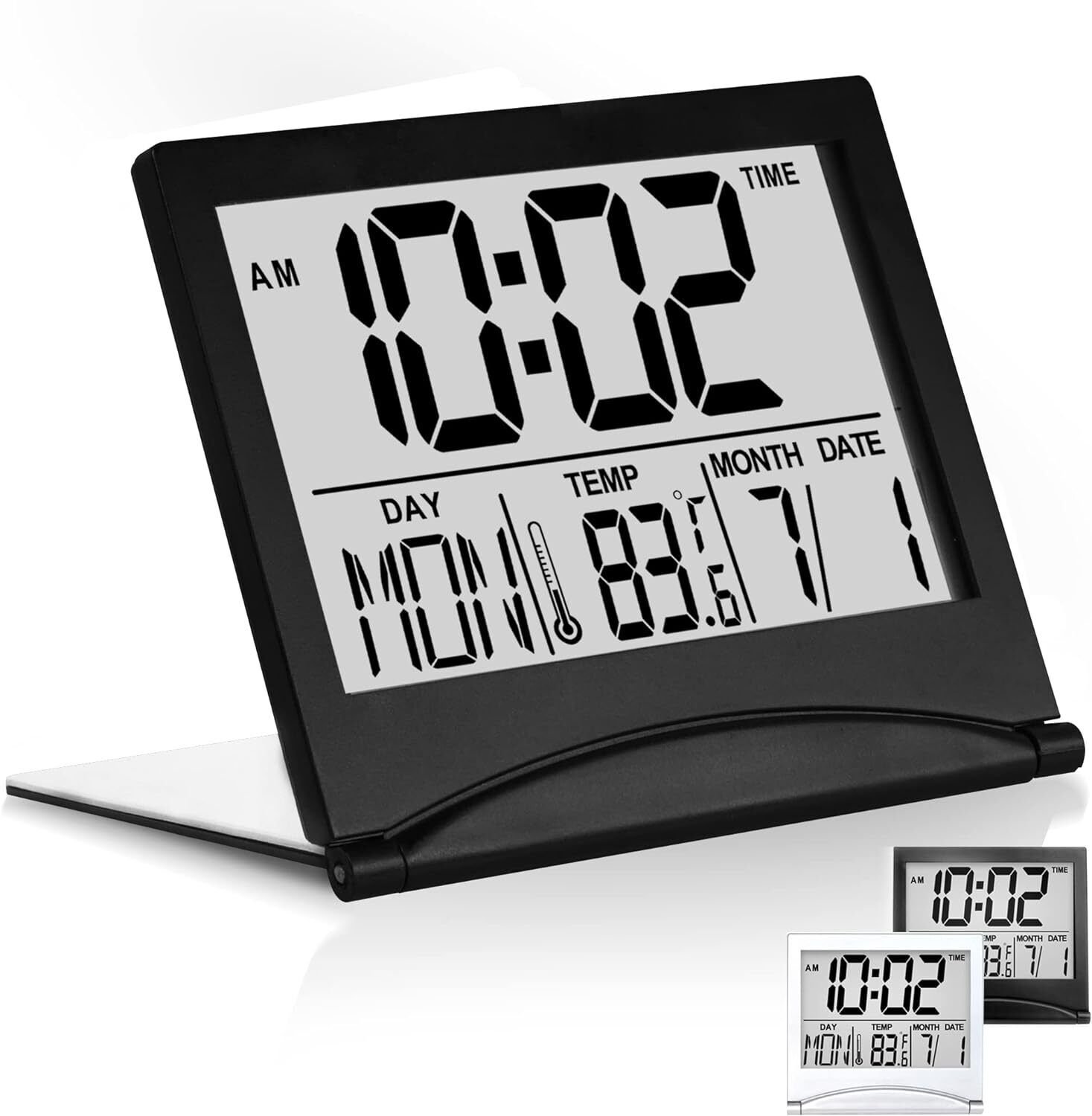Betus Digital Travel Alarm Clock - Foldable LCD Clock - Compact Desk Clock Black