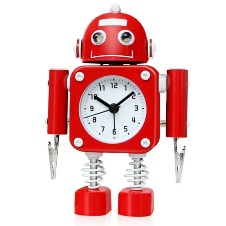 Betus Non-ticking Robot Kids Alarm Clock Stainless Metal - Wake-up Clock with Flashing Eye Lights and Hand Clip (Ruby Red)