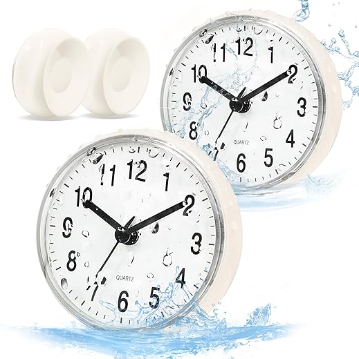 Betus Waterproof Bathroom Shower Clock with Large Suction Cup - Silent, Water Proof, Battery Operated Wall Clock for Toilet, Kitchen, Bedroom (White, 2PC)