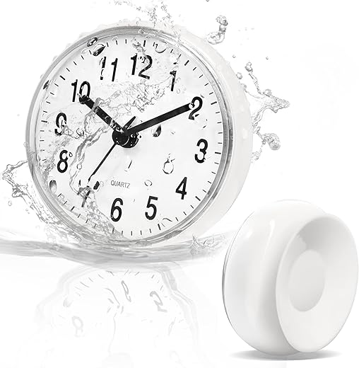 Betus Waterproof Bathroom Shower Clock with Large Suction Cup - Silent, Water Proof, Battery Operated Wall Clock for Toilet, Kitchen, Bedroom (White)