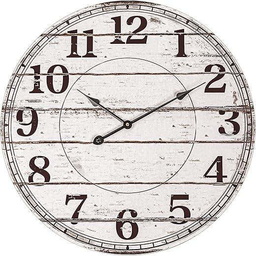 BEW 24 Inch Large Wall Clocks for Living Room Decor, Silent Battery Operated Wall Clock, White Rustic Country Farmhouse Shiplap Round Wooden Wall Clock