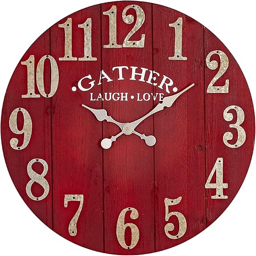 BEW Large Vintage Wooden Wall Clock, 24 Inch Silent Battery Operated Arabic Rustic Chic Decorative Wall Clock for Living Room - Red