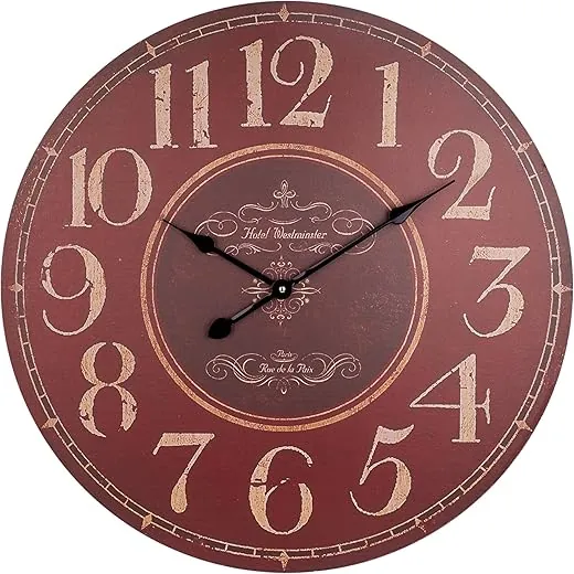 BEW Large Wall Clock, Farmhouse Clock for Living Room Decor, Silent Non-Ticking Battery Operated Analog, 24 Inch Red Retro Wood Decorative Wall Clock