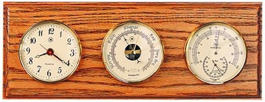 Bey-Berk WS214 Quartz Clock, Barometer and Thermometer with Hygrometer on Mahogany Wood with Brass Bezel. Wall Mounts Vertically or Horizontally, Brown