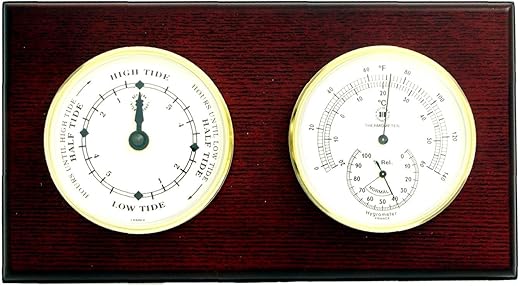 Bey-Berk WS220 Tide Clock and Thermometer with Hygrometer on Mahogany Wood with Brass Bezel. Wall Mounts Vertically or Horizontally, Brown