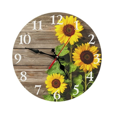 BGZLEU 12 Inch Beautiful Sunflower Wall Clock, Vintage Country Floral Silent Non Ticking Clocks, Wooden Round Easy to Read Wall Clock for Kitchen/Living Room/Bedroom/Bathroom