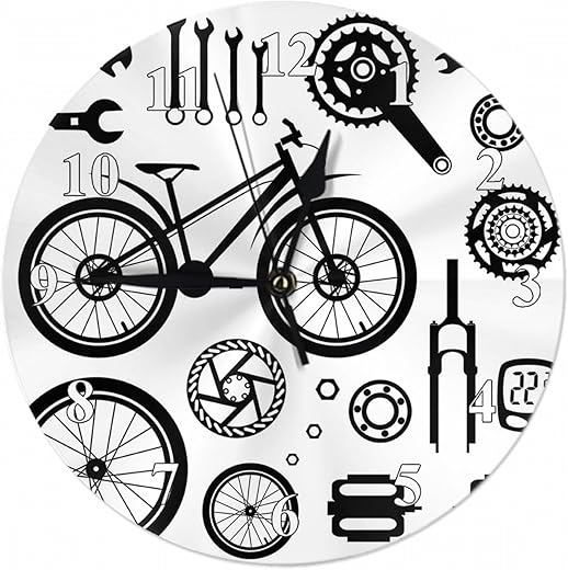 Bicycles Wall Clock Set of Bike Parts Pattern Toys Farmhouse Unique Large Clock Wall Battery Operated Silent Non-Ticking Decoration, 10 Inch, A1204