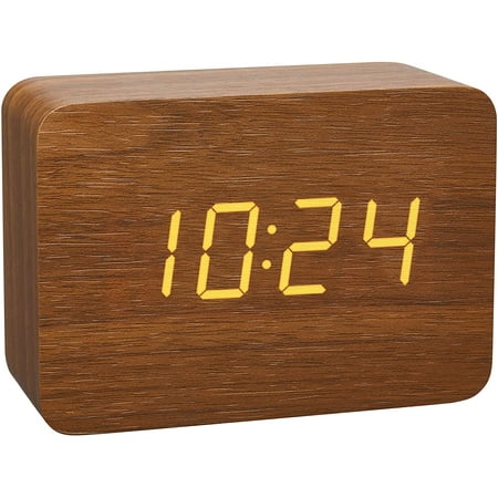 Bienvenido Small digital clock, wooden alarm clock on the bedside table in the bedroom, fashionable wood grain alarm clock, dimmable travel clock with LED data display temperature