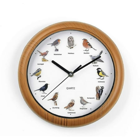 Birdsong Wall Clock, 12 Bird Songs and Realistic Bird Patterns, Auto Shut Off Between 9-5 p.m., Wooden Frame AA Battery