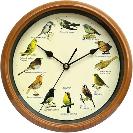 Bird Wall Clock Wall Hanging Clock Decor Decorative Clock Bird Clock with Sound for Kitchen, 25.4x25.4x4.5cm, Brown