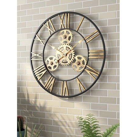 Black 16 Inch Gears Circular Metal Wall Clock, Silent Non-ticking Decorative Clock For Living Room, Kitchen, Bedroom Or Office