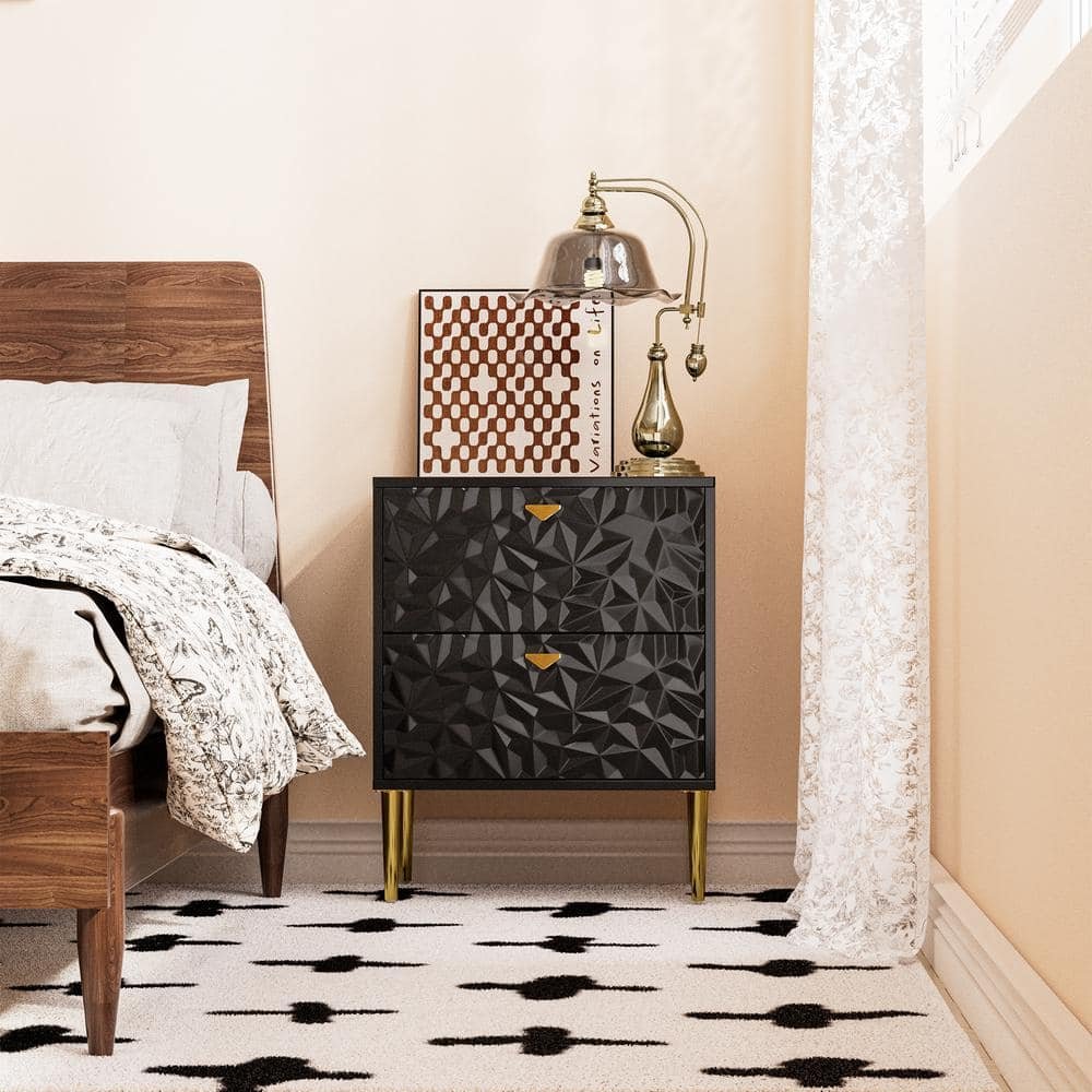 Black 2-Drawer Wood Nightstand with Tapered Support Legs