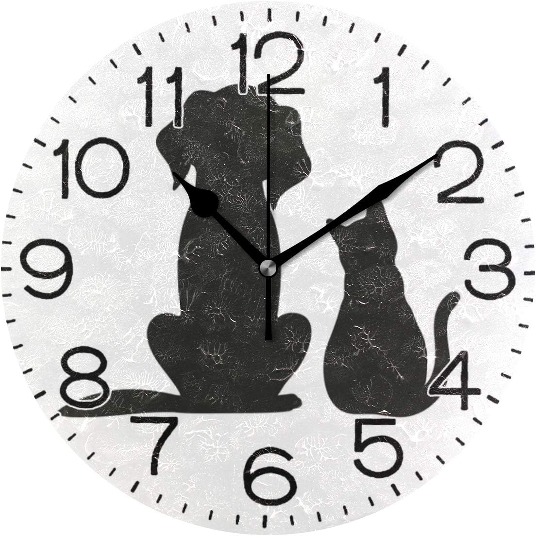 Black Cat and Dog are Friends Silhouette Animals Wall Clock Battery Operated Non Ticking Silent Quartz Analog Rustic Farmhouse Round Clock Retro Decor for Home Kitchen Living Room Bathroom