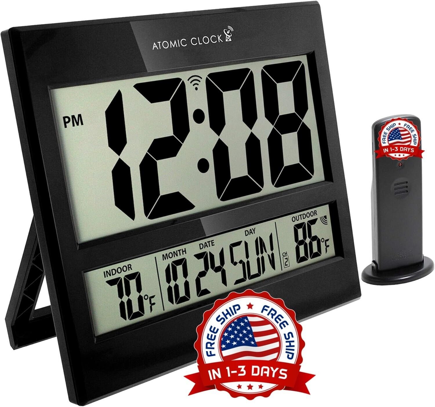 Black Jumbo Atomic Digital Wall Clock Home Office Indoor And Outdoor Temperature