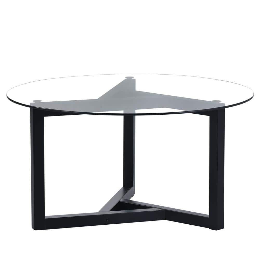 Black Round Outdoor Coffee Table with Tempered Glass Top and Sturdy Wood...