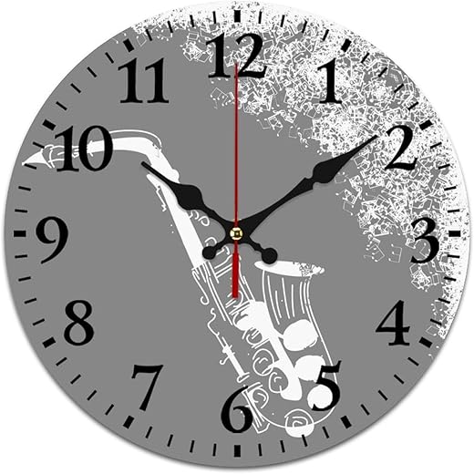 Black White Saxophone Custom Frameless Round Wall Clock Silent Quartz Movement for Home Office Decorative Style-15