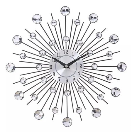 BLOPQ 33CM SILVER DIAMANTE BEADED JEWELED ROUND SUNBURST METAL WALL CLOCK-default