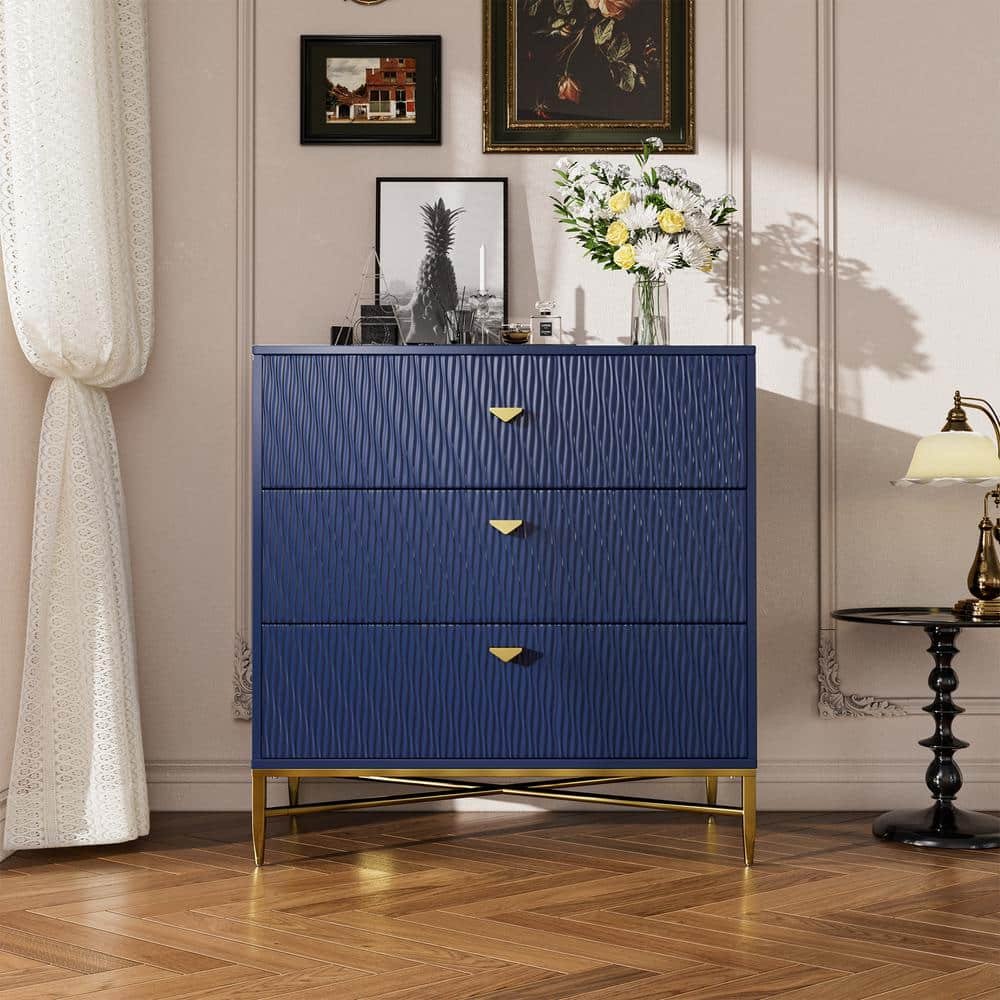 Blue 3-Drawer Water Ripple Finish Designs Wood Nightstand with Square Support Legs