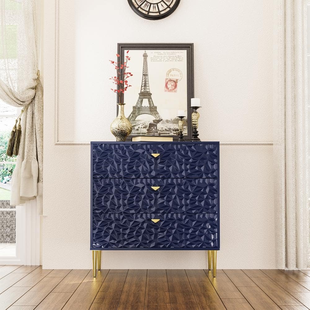 Blue 3-Drawer Wood Nightstand with Tapered Support Legs
