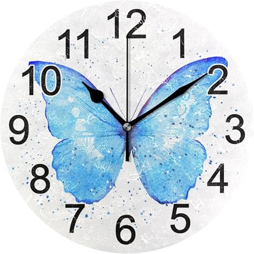 Blue Butterfly Wall Clock Non Ticking Silent Kitchen Clock Large Battery Operated Clocks 10 inch for Living Room Bedroom Decor