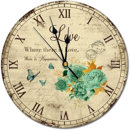 Blue Gold Roses Decorative Wall Clock Where There Is Love Vintage French Country Silent Clock Roman Numeral Clock Decorative Wall Clock For Kitchen,Living Room,Bedroom, 10 Inch