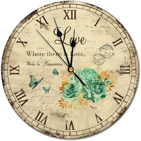 Blue Gold Roses Decorative Wall Clock Where There Is Love Vintage French Country Silent Clock Roman Numeral Clock Decorative Wall Clock For Kitchen,Living Room,Bedroom, 12 Inch