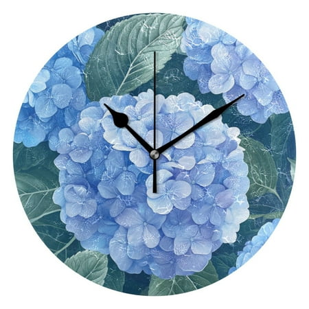 Blue Hydrangeas Wall Clock Battery Operated Round Clock Black Pointer No Numbers Home Decor for Living Room Bedroom 9.84 Diameter