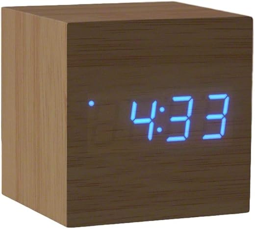 Blue LED Wooden Cube Digital Alarm Clock - Flashing Display - 2.5 Cubed - USB & Battery Powered - Modern Design - Perfect for Home & Office