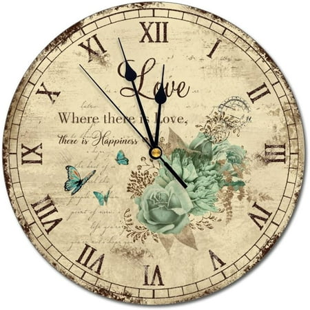 Blue Roses Decorative Wall Clock Where There Is Love Vintage French Country Silent Clock Roman Numeral Clock Decorative Wall Clock For Kitchen,Living Room,Bedroom, 12 Inch