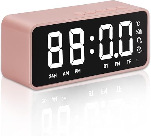 Bluetooth Radio Clock with Personalized Music Ringtone for Bedrooms,Kitchen,Living Room Stereo Speakers,2 Alarms,LED Digital Clock with Temperature TF Card (Pink)