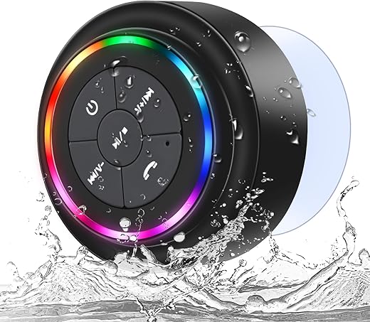 Bluetooth Shower Speaker, Portable Bluetooth Wireless Waterproof Speaker for Pool, Floating IP67 LED Light Bathroom Speaker with Suction Cup, Built in Mic, for Camping Beach Travel