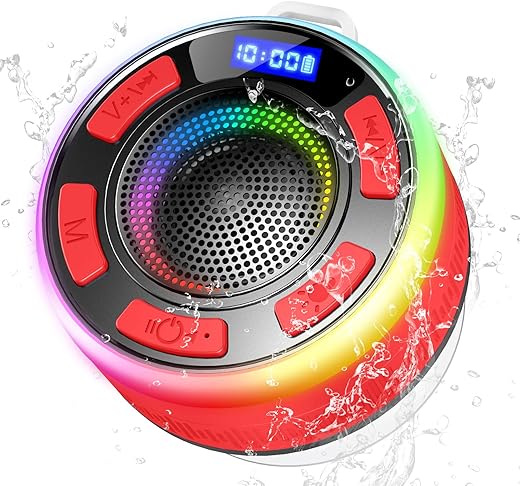 Bluetooth Shower Speaker, Portable Wireless Speaker IP7 Waterproof with Suction Cup, Dynamic LED Lights and Dual Stereo Pairing, Handsfree Bathroom Speaker with Mic for Bathroom, Outdoor, 10H Red