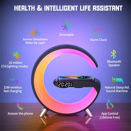 Bluetooth Speaker LED Alarm Clock.RGB Colorful Atmosphere Night Light Lamp.Sunrise Simulation Wake Up.15W Wireless Phone Charger