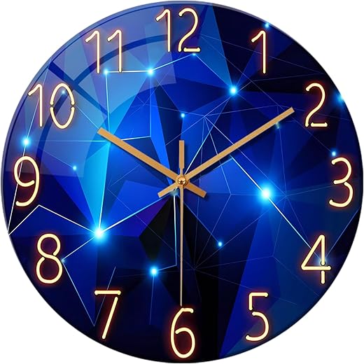 Blue Wall-Clocks for Living Room Decor - Kitchen Clocks Wall Battery Operated - 12 Inch Round Glass Decorative Wall Clock Non Ticking