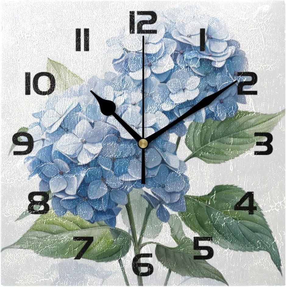 Bolaz Wall Clocks Decorative Bedroom Silent Living Room Kitchen Hydrangea Flower Blue Desktop Tabletop Shelf Clocks Square Battery Operated Non-Ticking 7.8 inch