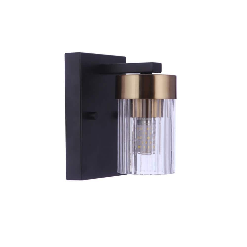 Bond Street 1-Light Flat Black/Satin Brass Finish Wall Sconce with Clear Ribbed...