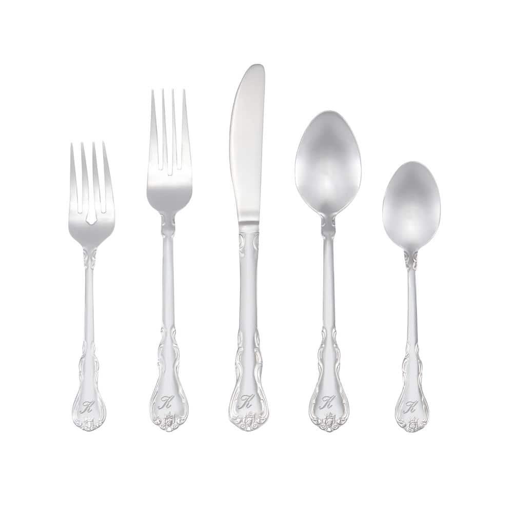 Bouquet Monogrammed Letter K 46-Piece Silver Stainless Steel Flatware Set (Service for...