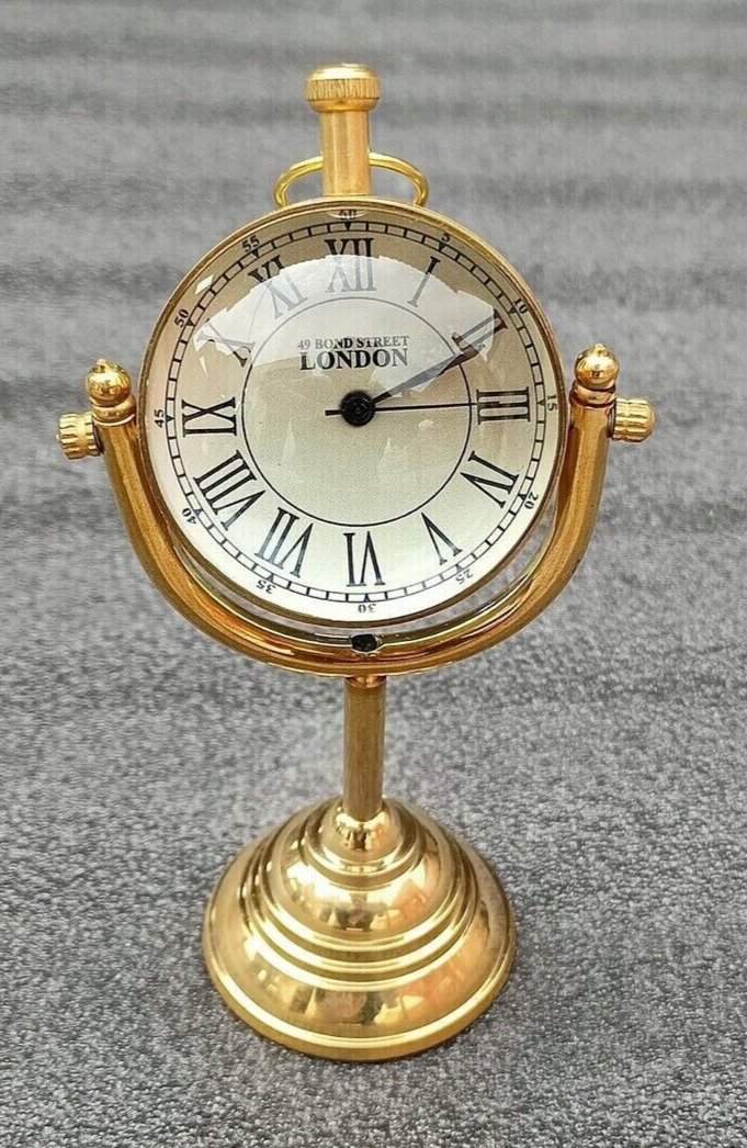 Brass Table Clock Handmade Nautical Vintage Maritime Small Table Watch Compass