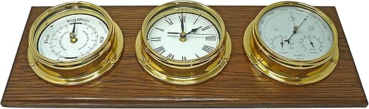 Brass Tide Clock, Roman Clock and Barometer with built in Hygrometer and Thermometer, Heavy Lacquered Brass (1/2kg each), Sailing Ship Yacht Boating Marine Coastal Clock, Handmade in England